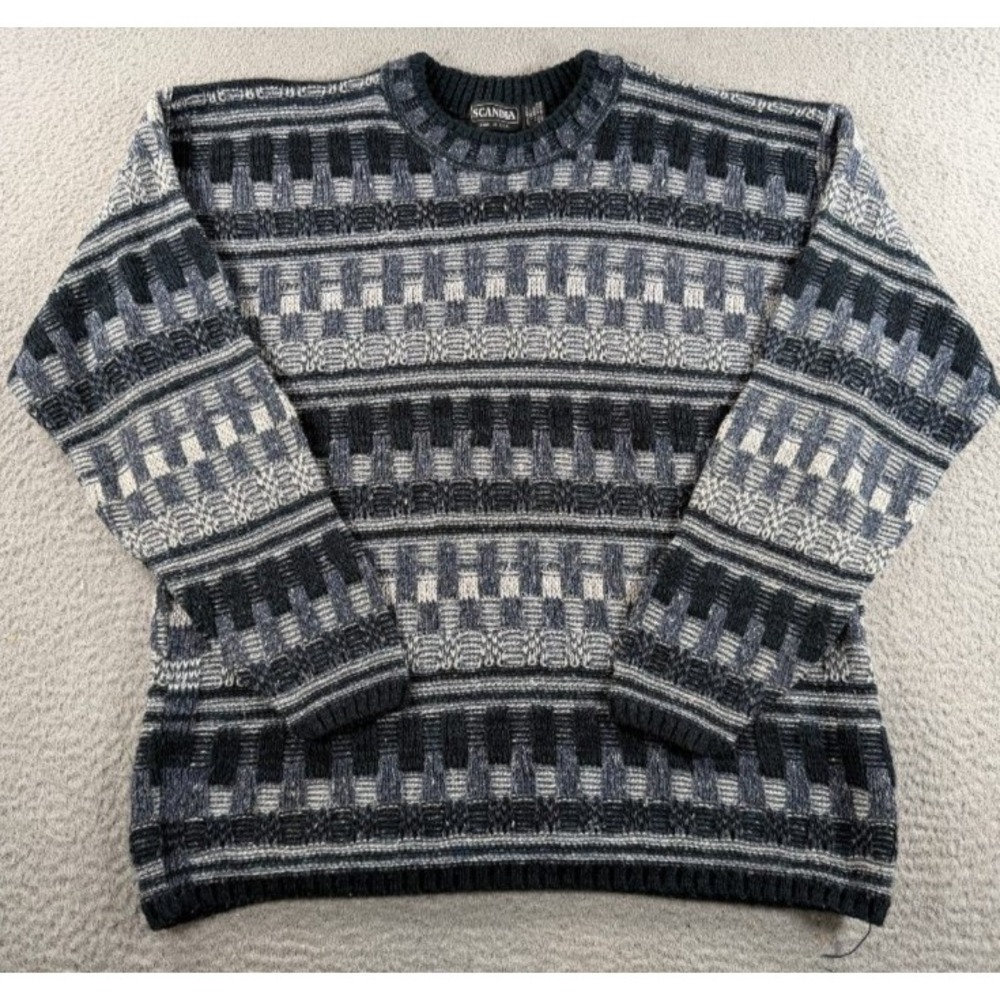 Vintage Scandia Sweater Men XL Textured Knit Gray Black Geometric Cosby USA Made